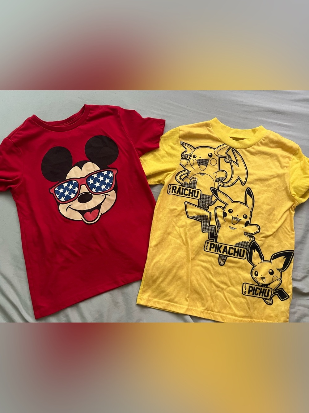 Boys disney Mickey American stars & yellow pikachu graphic tee bundle size M 7/8